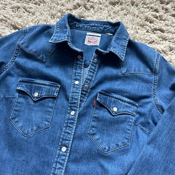 Levi's Western Shirt Womens M Blue Denim Cotton Tailored Fit Cowboy Pearl Snap - Picture 11 of 11